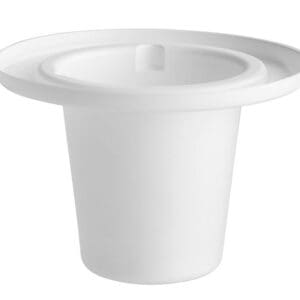 A white cup with a lid on top of it.